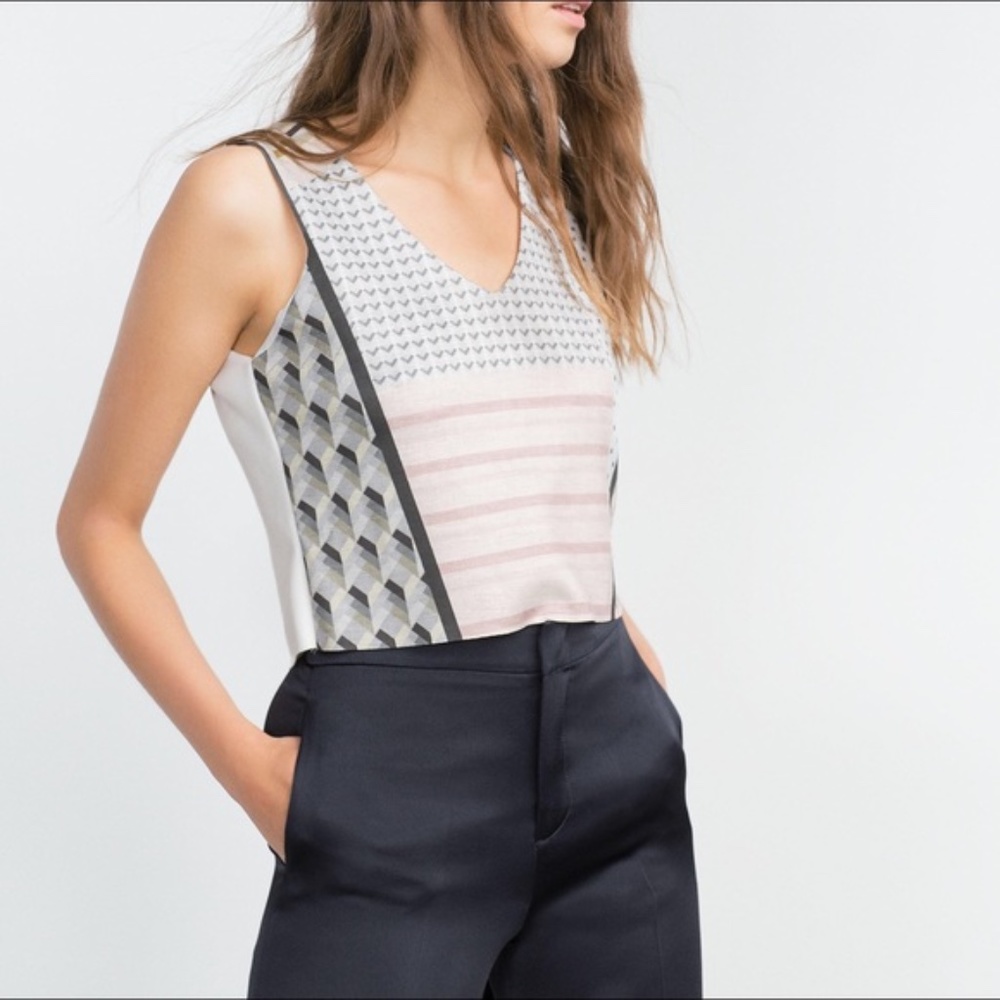Zara abstract print pastel pink white crop top